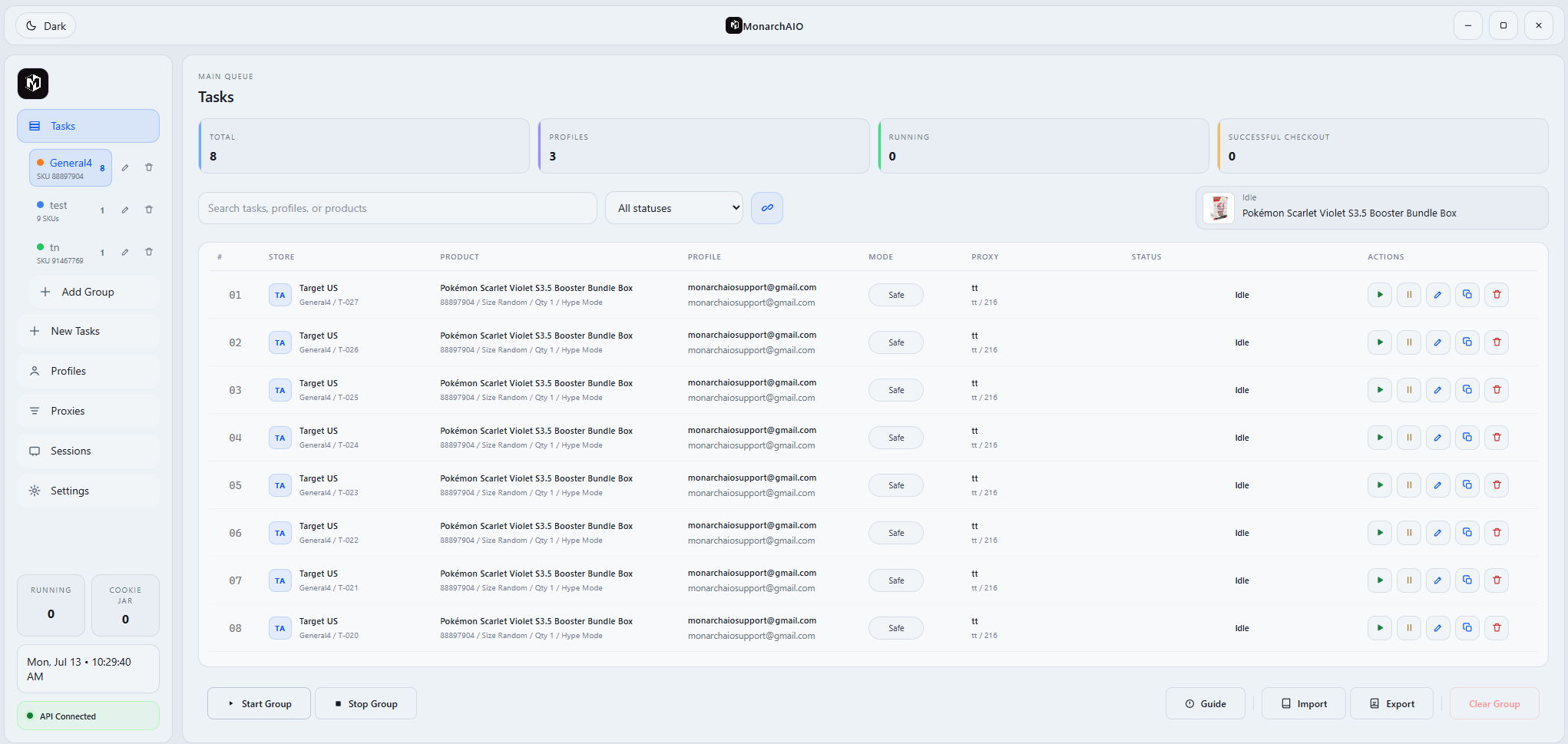 MonarchAIO dashboard preview showing Target US Pokémon tasks, profiles, proxies, and checkout controls