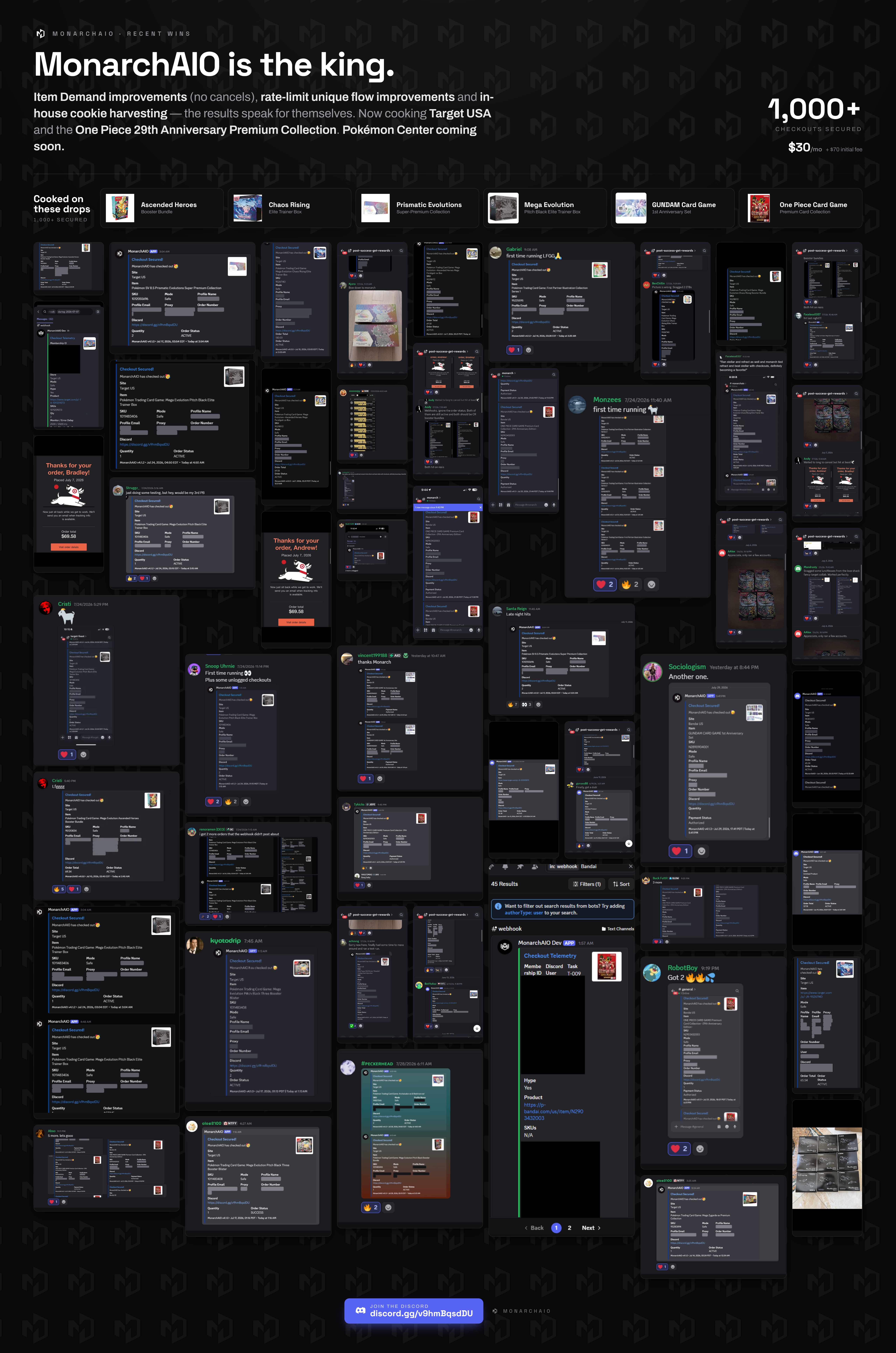 A wall of MonarchAIO checkout successes across recent Pokémon and Target drops — 100+ checkouts secured